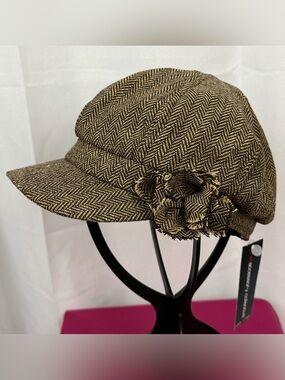 Brown & Tan Newsboy Wool Mix Cap with Herringbone Pattern & Matching Rosette NWT
